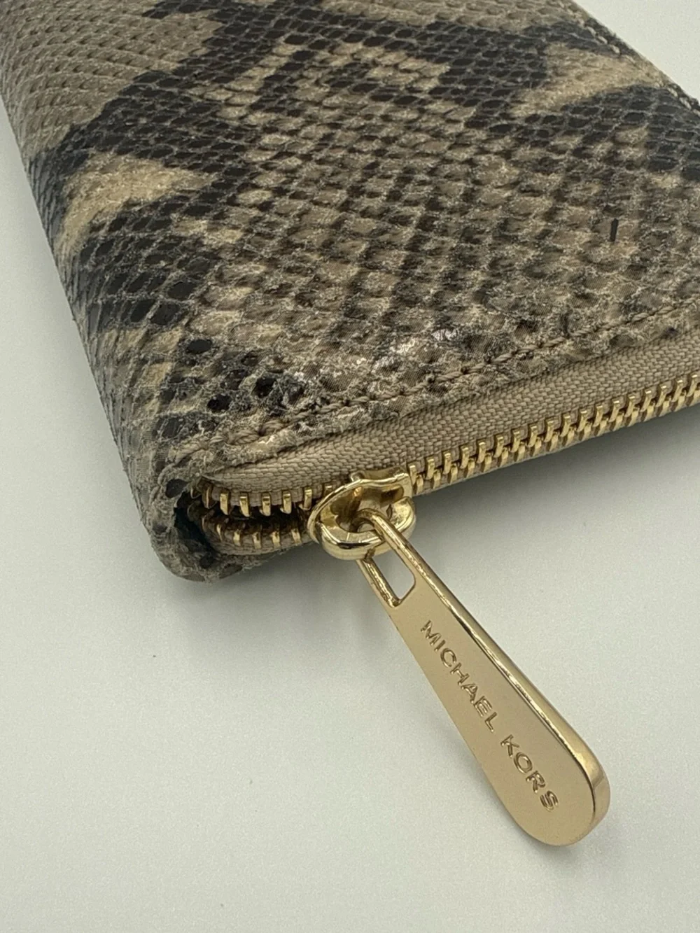 Michael Kors Taupe and Black Exotic Snake Skin Zip Wallet with Gold Plaque